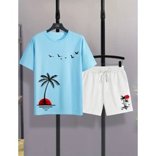 Amor Man Büyük Beden Özel Tasarım Palmiye Martılar Baskılı Kısa Kollu Yazlık Erkek T-Shırt Bermuda Şort Takımı