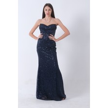 Feminist Lacivert Pul Taş Işlemeli Straplez Balık Abiye 9705304.02