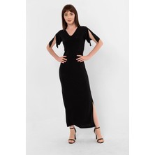 Laranor Yırtmaç Kol Detay V Yaka Yırtmaçlı Elbise