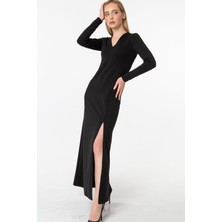 V Yaka Yırtmaç Detaylı Krep Elbise