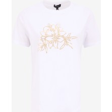 Fabrika Comfort Bisiklet Yaka Payetli Kırık Beyaz Kadın T-Shirt FC5SL-TST0200