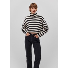 Mavi Çizgili Boğazlı Crop Tişört 1612782-85407