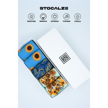 Stocalze Unisex Pamuklu Soket Çorap. Karışık Renkli Vazo Çiçek ve Gece Desenli Soket Çorap. Sanat Temalı 5'li Soket Çorap Seti