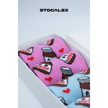 Stocalze Pamuklu Kadın Soket Çorap. Pembe ve Mavi Renkli Kalp ve Nutella Desenli 4'lü Kutulu Desenli Çorap Seti