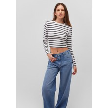 Mavi Uzun Kollu Çizgili Crop Basic Tişört 1612822-85407