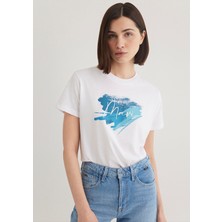 Mavi Kadın Kısa Kol Beyaz Tişört Grafik Desenli Günlük Stil 1612240-620