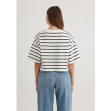 Mavi Mavi Logo Baskılı Siyah Çizgili Crop Tişört 1612227-86678