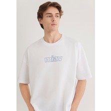 Mavi Miav Baskılı Oversize Beyaz Tişört 0611704-620