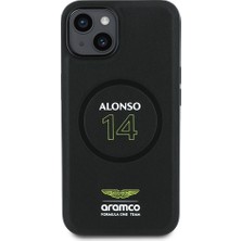 iPhone 14 Kılıf Aston Martin Lisanslı Magsafe Şarj Özellikli Pu Deri Alonso 14 Baskılı Kapak Siyah
