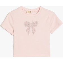 Koton Pamuklu Bisiklet Yaka Kısa Kollu Fiyonk Baskılı Crop Tişört