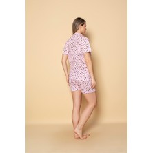 Yerli Kadın Önden Düğmeli Pijama Takımı Kalp Baskılı