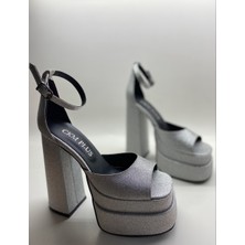 Hayy Shoes Gümüş Kum Simli Bilekten Bağlamalı Çift Platform Topuklu Sandalet