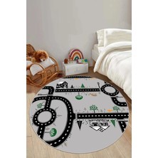 Napoli Home Baskılı Otomobil Yol Desenli Yıkanabilir  Taban Yuvarlak Çocuk Odası Halısı, Çocuk-Y-55-Gri,