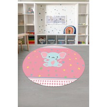 Napoli Home Baskılı Fil Figürlü Yıkanabilir Kaymaz Taban Yuvarlak Çocuk Odası Halısı, Çocuk-Y-73-Pembe,