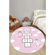 Napoli Home Baskılı Balerin Tavşan Seksek Model Yıkanabilir  Yuvarlak Çocuk Odası Halısı, Çocuk-Y-53-Pembe,