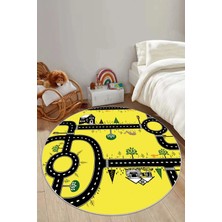 Napoli Home Baskılı Otomobil Yol Desenli Yıkanabilir  Taban Yuvarlak Çocuk Odası Halısı, Çocuk-Y-55-Sarı,