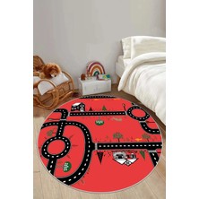 Napoli Home Baskılı Otomobil Yol Desenli Yıkanabilir  Taban Yuvarlak Çocuk Odası Halısı, Çocuk-Y-55-Kırmızı,