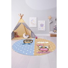 Napoli Home Baskılı Iki Renkli Desen Yıkanabilir Kaymaz Taban Yuvarlak Çocuk Odası Halısı, Çocuk-Y-83-Renkli,