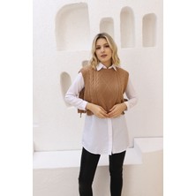 Wappa Kadın Yandan Bağlamalı Süveter Taş Renk Saç Örgü Deseni ile Modern Stil