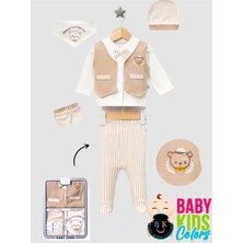 Baby Kids Colors Kutulu - Erkek Yenidoğan Kıyafetleri 5'li Hastane Çıkış Setleri Papyonlu Ayıcık Nakışlı Pamuk
