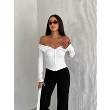 Noa Noa Madonna Yaka Fermuarlı Crop Bluz