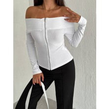 Noa Noa Madonna Yaka Fermuarlı Crop Bluz