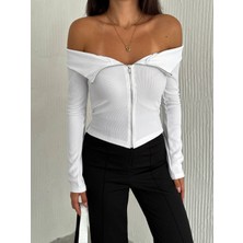 Noa Noa Madonna Yaka Fermuarlı Crop Bluz