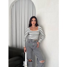 Noa Noa Kare Yaka Otoban Kumaş Çizgili Crop Bluz