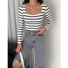Noa Noa Kare Yaka Otoban Kumaş Çizgili Crop Bluz