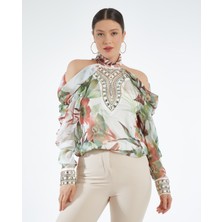 Şık Kadın Bluz - Omzu Açık - Kol ve Yaka Işleme Detaylı - Modern Tasarım - Özel Gün ve Davetler Için Bluz