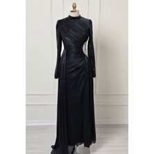 Yonca Moda Evi Store Siyah Büzgülü Sol Yanı Taşlı Abiye 4919