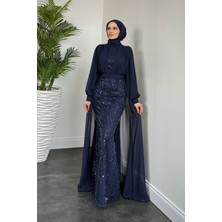 Stella Boncuk Işlemeli Pelerinli Abiye Lacivert