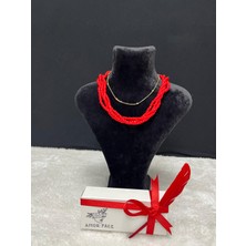 Amor Face Özel Tasarım Dörtlü Kırmızı Porselen Boncuk-Dorika Güneş ve Denize Dayanıklı Şık Kadın Kolye