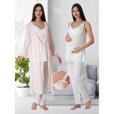 Effortt Dvina Effortt Lohusa Beyaz Çizgili Sabahlıklı Pijama Takımı Ekru-Pembe - 9034