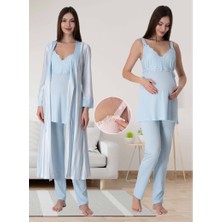 Effortt Dvina Effortt Lohusa Beyaz Çizgili Sabahlıklı Pijama Takımı Mavi - 9034