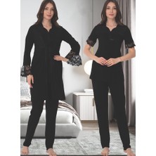 Effortt Dvina Effortt Lohusa Sabahlıklı Pijama Takımı Siyah - 9014