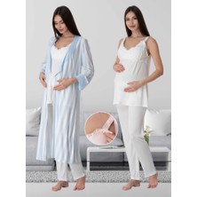 Effortt Dvina Effortt Lohusa Beyaz Çizgili Sabahlıklı Pijama Takımı Ekru-Mavi - 9034