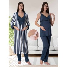 Effortt Dvina Effortt Lohusa Beyaz Çizgili Sabahlıklı Pijama Takımı Lacivert - 9034