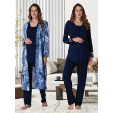 Effortt Dvina Effortt Lohusa Desenli Sabahlıklı Pijama Takımı Lacivert - 9044