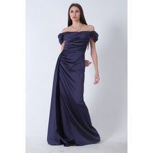Feminist Lacivert Drape Detaylı Saten Kumaş Abiye Elbise 9704858.02