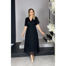 Ges Moda G1291 Dantel ve Broş Detaylı Abiye Şifon Elbise Siyah