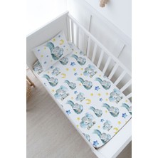 Tuğba Kuğu Bebek Boy Lastikli Çarşaf Seti - For Baby Serisi - Hortumda Uyuyan Mavi Fil