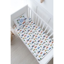 Tuğba Kuğu Anne Yanı Beşik Lastikli Çarşaf Seti (55X95) - For Baby Serisi - Mavi Çemberde Arabalar