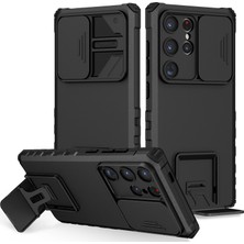 Eabhulie Samsung Galaxy S25 Ultra Kayar Kamera Kapaklı Sağlam Standı Telefon Kılıfı - Siyah (Yurt Dışından)