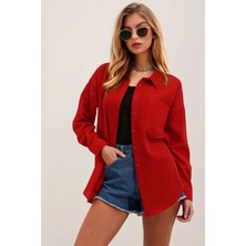 Kadın Kırmızı Tek Cepli Oversize Keten Ayrobin Gömlek HZL24S-BD1201531