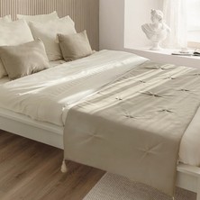 Yatak Runner & Iç Dolgulu Kırlent Seti Çift Kişilik Keten Püsküllü Taş Krem Püsküllü