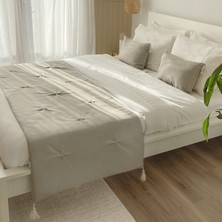 Yatak Runner & Iç Dolgulu Kırlent Seti Çift Kişilik Keten Püsküllü Taş Krem Püsküllü