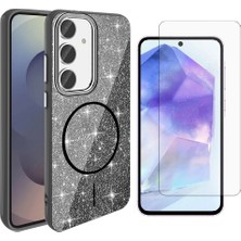 Vendas Samsung Galaxy S24 FE Kılıf Magsafe Şarj Özellikli Parlayan Simli Zore Okso Kapak + Nano Ekran Koruyucu