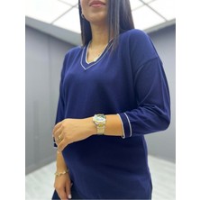 Zunop Kadın V Yaka Çizgili Triko Bluz