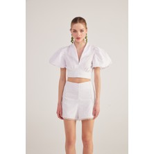 Holly Lolly Brode Detaylı, Balon Kollu, Kuşaklı Fairy Gömlek Beyaz